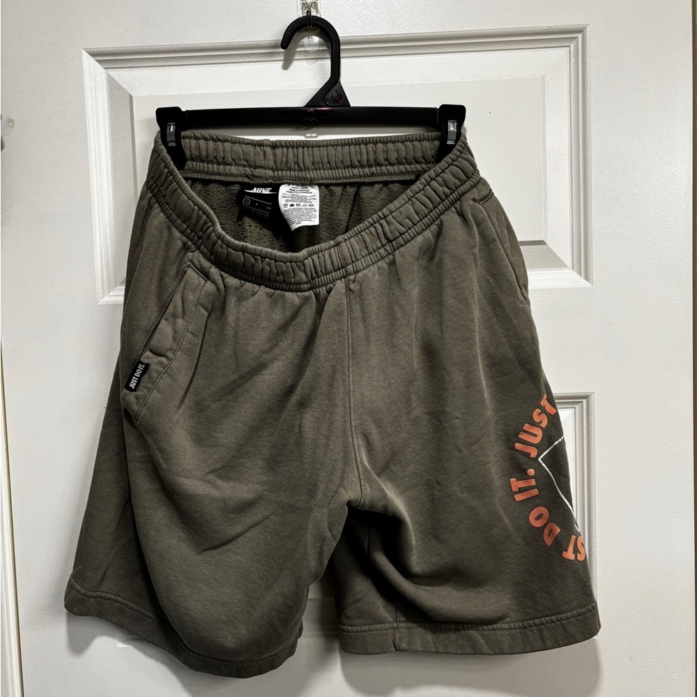 Nike Olive Green Men's Shorts with Orange Accents